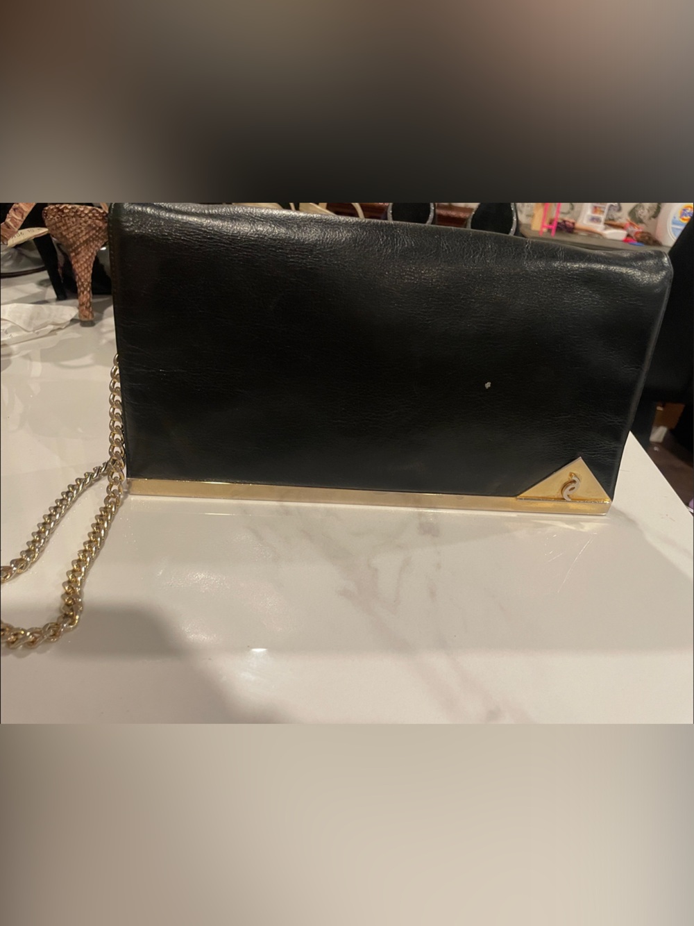 Susan Gail Black Leather Clutch with Gold Chain and Trim